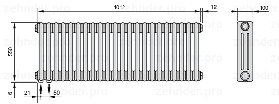 Схема (чертеж) Радиатор Zehnder Charleston 3055/22 №3370 Белый глянцевый RAL 9016